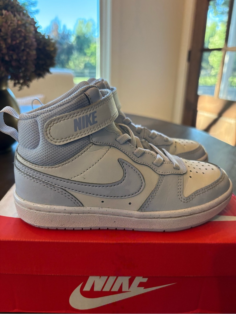 Nike Little Kids Court Borough Light Blue and White Mid-Top Sneakers
